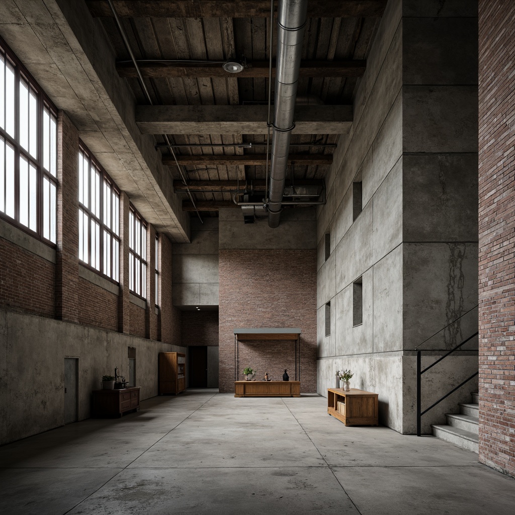 Prompt: Rough-hewn concrete walls, weathered stone facades, rugged brick textures, brutalist architecture, industrial aesthetic, distressed metal surfaces, exposed ductwork, raw unfinished ceilings, poured concrete floors, minimalist decor, urban grittiness, dramatic shadows, high-contrast lighting, cinematic atmosphere, 1/1 composition, bold geometric forms, monumental scale, harsh materiality, functional simplicity.