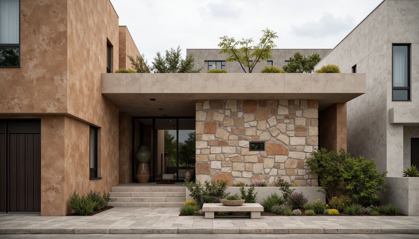 Prompt: Rustic building facade, rough-textured plastered concrete walls, earthy tone color palette, natural stone accents, modern minimalist architecture, sleek lines, clean edges, urban cityscape background, overcast sky, soft diffused lighting, 1/1 composition, shallow depth of field, realistic textures, ambient occlusion.