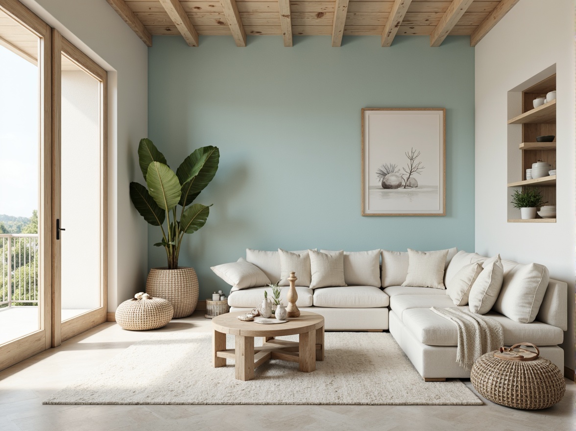 Prompt: Soft azure hues, warm beige tones, creamy whites, gentle sandy neutrals, weathered driftwood textures, ocean-inspired patterns, natural linen fabrics, distressed wooden accents, seashell embellishments, airy open spaces, minimalist decor, soft diffused lighting, 1/1 composition, realistic rendering, ambient occlusion.