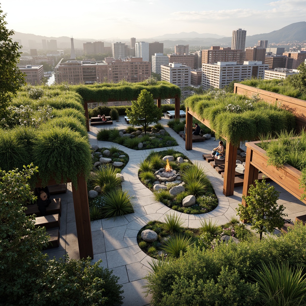 Prompt: Lush green roofs, blooming gardens, serene courtyards, natural stone pathways, wooden benches, modern pergolas, cantilevered overhangs, outdoor fireplaces, water features, koi ponds, scenic overlooks, panoramic views, soft warm lighting, shallow depth of field, 3/4 composition, realistic textures, ambient occlusion, eco-friendly materials, sustainable design solutions, innovative irrigation systems.