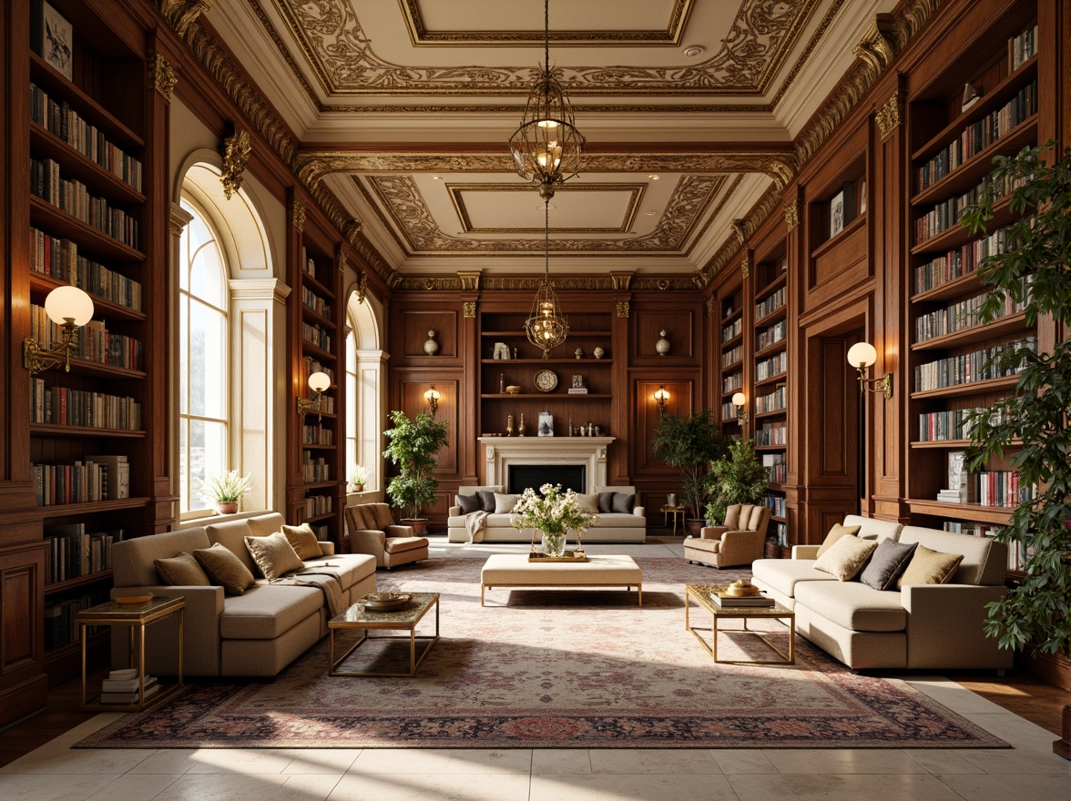 Prompt: Grandiose library interior, ornate moldings, rich wood tones, cream marble floors, elegant columns, intricately carved furniture, warm golden lighting, soft shadows, classic bookshelves, leather-bound tomes, subtle arches, refined stucco ceilings, sophisticated color palette, muted earthy tones, dusty rose accents, deep blue undertones, ornamental metalwork, intricate patterns, luxurious fabrics, vintage rugs, majestic chandeliers, serene atmosphere, natural stone walls, subtle texture overlays, 1/2 composition, soft focus, warm color grading.