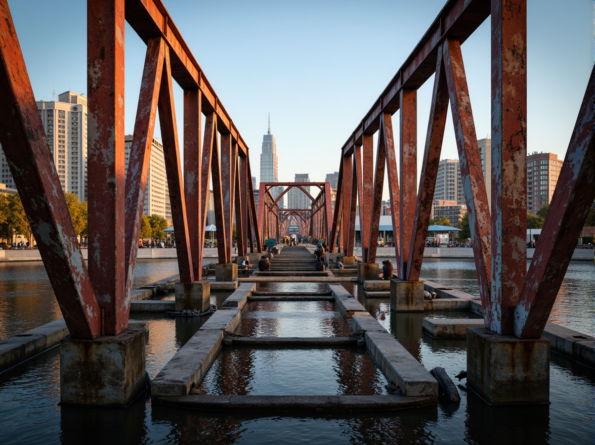 Prompt: Industrial bridge, steel structure, metallic tones, rusty reds, weathered blues, muted grays, urban landscape, city skyline, river waters, sunny day, warm golden lighting, shallow depth of field, 1/2 composition, symmetrical view, realistic textures, ambient occlusion.