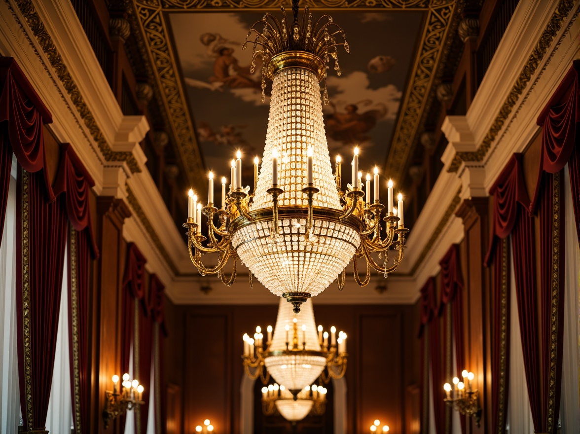 Prompt: Grandiose chandeliers, ornate sconces, warm golden lighting, soft candlelight, elegant crystal fixtures, luxurious velvet drapes, rich wood paneling, intricate moldings, ornamental frescoes, high ceilings, majestic columns, symmetrical facades, refined ornateness, subtle shading, gentle highlights, 1/1 composition, shallow depth of field, realistic textures, ambient occlusion.