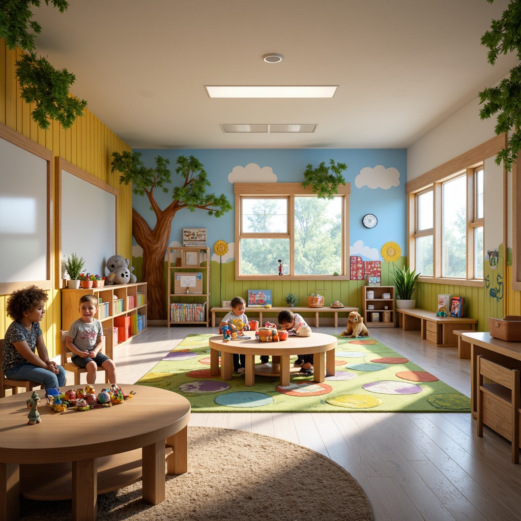 Prompt: Vibrant kindergarten, playful learning zones, colorful murals, interactive whiteboards, cozy reading nooks, circular tables, ergonomic chairs, stimulating toys, educational puzzles, soft carpeted floors, natural wood accents, abundant natural light, warm cozy atmosphere, shallow depth of field, 1/2 composition, realistic textures, ambient occlusion.