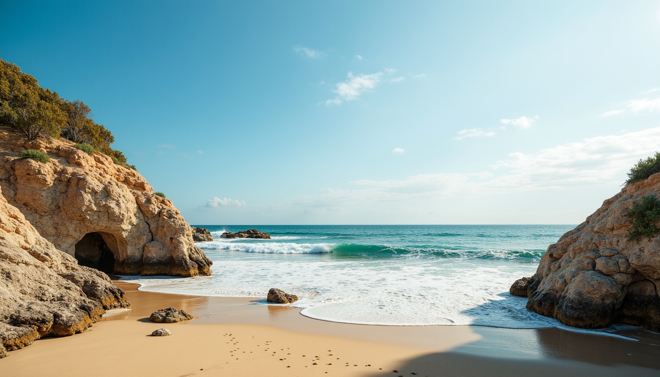 Prompt: Calming coastal landscape, serene ocean waves, clear blue sky, warm sandy beach, driftwood textures, weathered stone formations, sapphire-inspired color palette, soft blues, calming whites, creamy beiges, natural linen fabrics, woven sea grass patterns, rustic wooden accents, vintage nautical elements, distressed finishes, warm golden lighting, shallow depth of field, 1/2 composition, cinematic atmosphere, realistic ocean sounds.