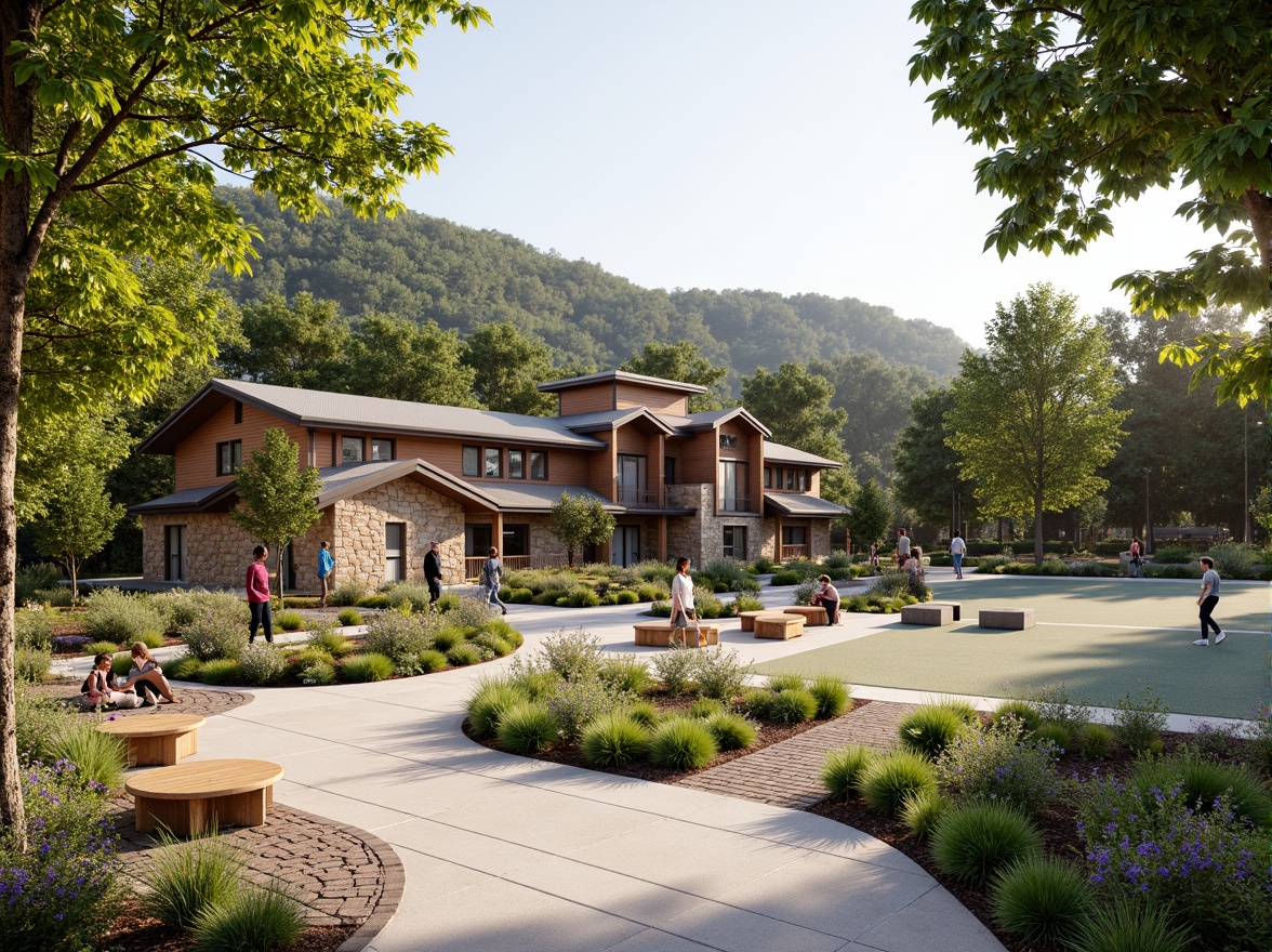 Prompt: Rustic gymnasium building, regionalism style architecture, earthy tones, natural stone walls, wooden accents, lush greenery, mature trees, curved walkways, rustic benches, outdoor fitness equipment, athletic tracks, sports fields, vibrant flowers, blooming gardens, sunny day, soft warm lighting, shallow depth of field, 3/4 composition, panoramic view, realistic textures, ambient occlusion.