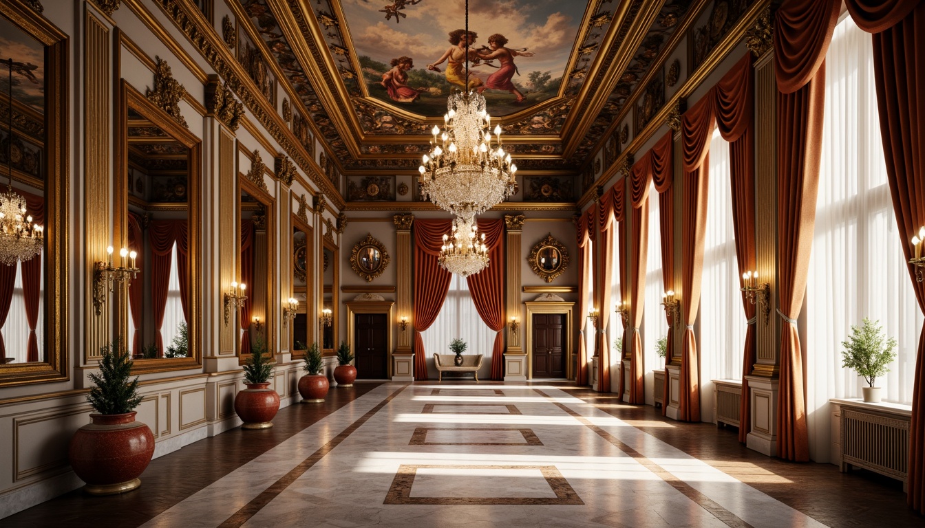 Prompt: Elegant ballroom, high ceilings, crystal chandeliers, ornate mirrors, luxurious fabrics, velvet drapes, gold leaf accents, marble floors, intricate moldings, Renaissance-inspired frescoes, soft warm lighting, 1/1 composition, shallow depth of field, realistic textures, ambient occlusion.