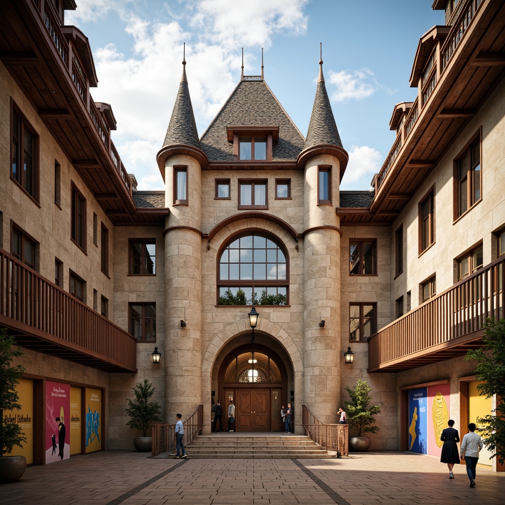 Prompt: Regionalist gymnasium facade, earthy tones, rustic stonework, wooden accents, steeply pitched roofs, ornate turrets, grand entrance archways, vibrant sports-themed murals, athletic equipment silhouettes, modern fitness facilities, vast indoor spaces, high ceilings, clerestory windows, natural light pouring in, warm atmospheric lighting, shallow depth of field, 1/1 composition, realistic textures, ambient occlusion.