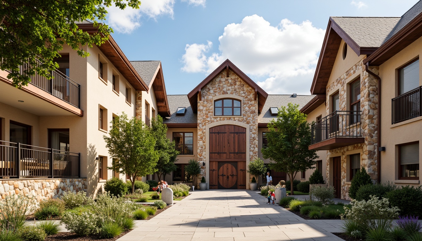 Prompt: Regionalist gymnasium, earthy tones, natural stone fa\u00e7ade, ornate wooden doors, rustic metal accents, steeply pitched roofs, traditional regional architecture, warm beige walls, rich brown wood trim, vibrant greenery, climbing plants, outdoor recreational spaces, modern athletic facilities, large windows, soft diffused lighting, 3/4 composition, realistic textures, ambient occlusion.