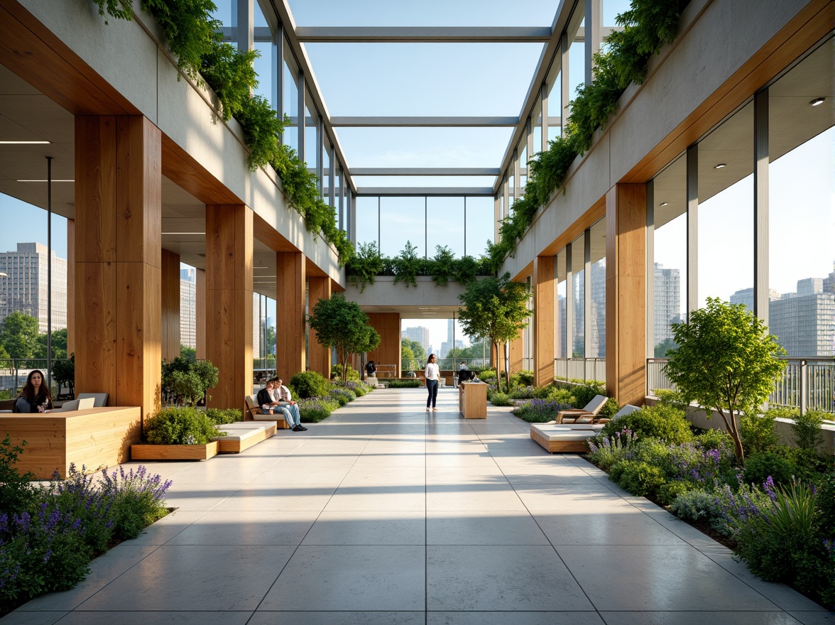 Prompt: Large office building, open floor plan, high ceilings, clerestory windows, natural light, warm wood accents, green walls, living plants, minimalist decor, sustainable design, energy efficiency, eco-friendly materials, automated shading systems, solar panels, rooftop garden, cityscape views, clear blue sky, soft gentle breeze, comfortable indoor climate, 3/4 composition, shallow depth of field, realistic textures.