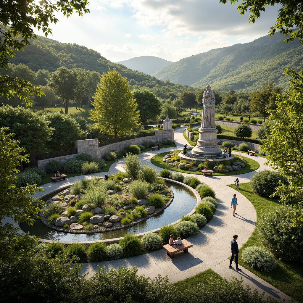 Prompt: Serenely landscaped memorial center, rolling hills, lush greenery, tranquil water features, walking paths, benches, commemorative statues, natural stone walls, elegant fountains, peaceful ambiance, warm sunny day, soft diffused lighting, shallow depth of field, 1/2 composition, intimate focus, realistic textures, ambient occlusion.