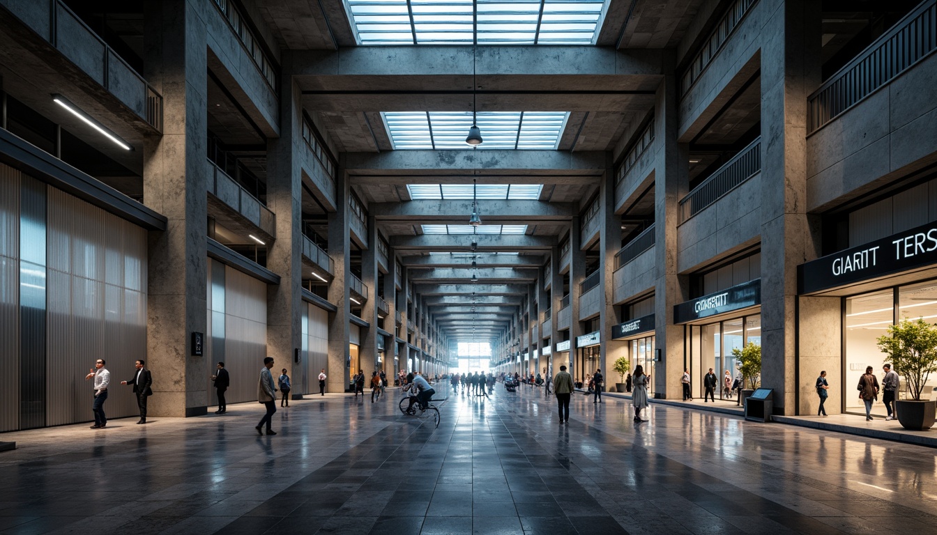 Prompt: Rough concrete walls, exposed ductwork, industrial metal beams, raw steel columns, brutalist architecture, urban airport setting, modern air travel hub, busy passenger traffic, sleek glass facades, polished marble floors, neon signage, atmospheric misting systems, dramatic overhead lighting, shallow depth of field, 1/2 composition, realistic renderings, ambient occlusion.