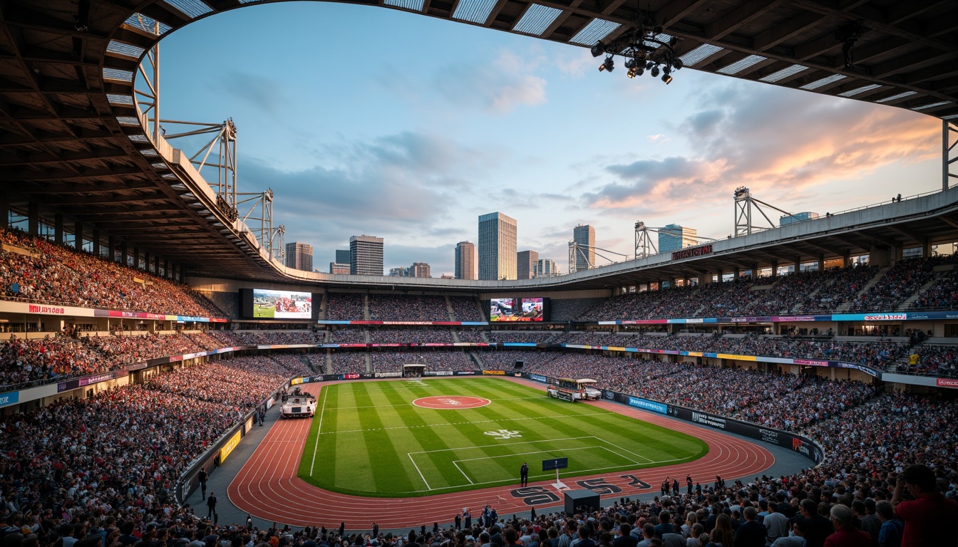 Prompt: Rustic football stadium, angular steel beams, cantilevered roofs, bold concrete facades, dynamic curvature lines, vibrant team colors, floodlighting, evening atmosphere, shallow depth of field, 1/2 composition, dramatic shadows, realistic textures, ambient occlusion, urban landscape, cityscape background, dense crowd seating, athletic track surroundings, goalpost details, scoreboard displays.