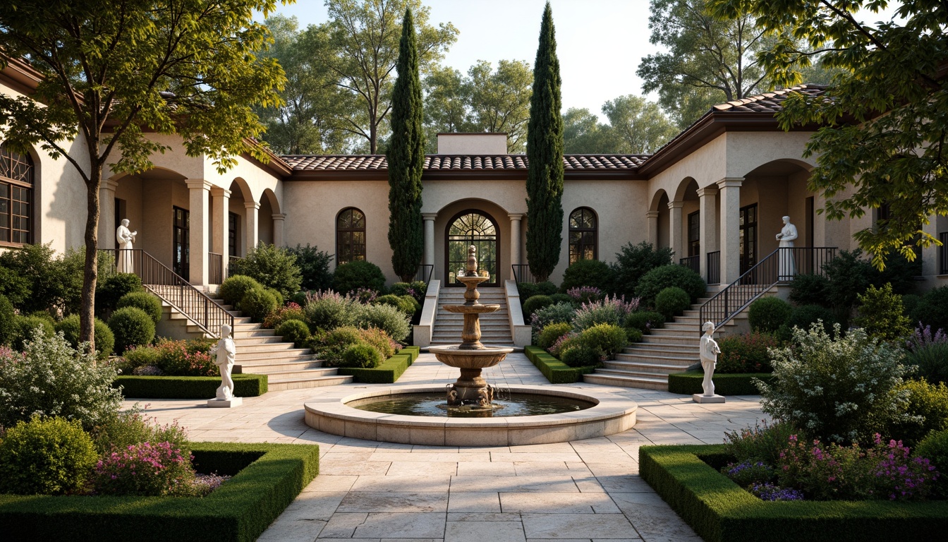 Prompt: Ornate fountain, grand staircase, symmetrical garden beds, lavish statues, intricately trimmed hedges, vibrant flower arrangements, curved walkways, decorative lanterns, majestic trees, lush greenery, Italian-inspired villa, ornamental gates, rustic stone walls, soft warm lighting, dramatic shadows, 1/1 composition, high contrast ratio, realistic textures, ambient occlusion.