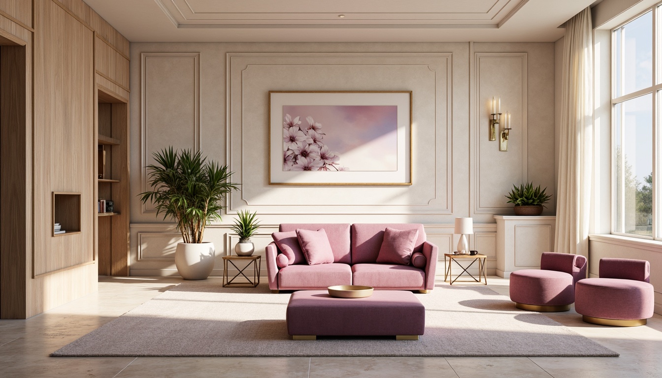 Prompt: Luxurious interior design, orchid tone color scheme, soft pastel hues, creamy whites, rich wood accents, velvety textures, metallic gold details, elegant lines, sophisticated patterns, natural light pouring in, 1/1 composition, shallow depth of field, warm ambient lighting, realistic reflections, subtle shadows.