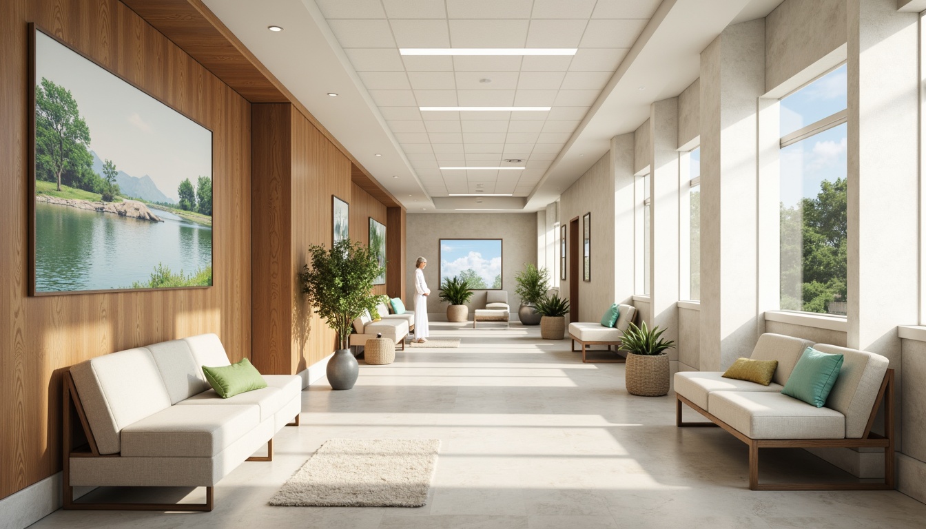 Prompt: Calming healthcare center, soothing color scheme, gentle pastel hues, soft whites, creamy beiges, pale blues, muted greens, warm wood accents, natural stone floors, comfortable waiting areas, relaxing ambiance, peaceful atmosphere, calming artwork, serene landscapes, gentle lighting, diffused shadows, 1/2 composition, realistic textures, ambient occlusion.