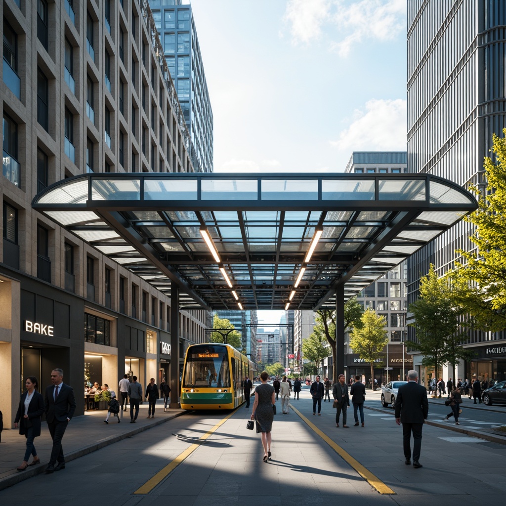 Prompt: Modern tram station, sleek metal structures, large glass roofs, natural ventilation systems, energy-efficient LED lighting, solar panels, green walls, urban landscape, bustling city streets, vibrant urban atmosphere, shallow depth of field, 1/2 composition, realistic textures, ambient occlusion.