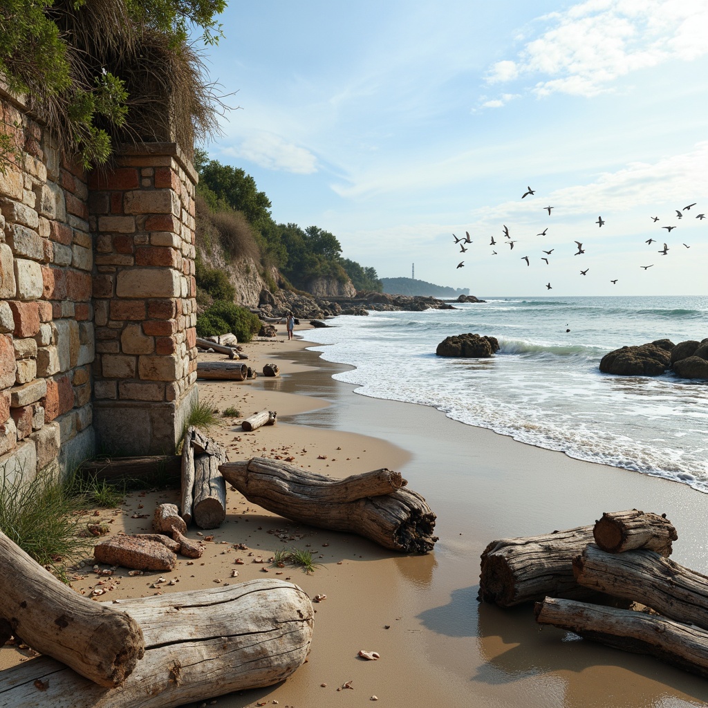 Prompt: Rustic driftwood, weathered stone walls, soft sandy beaches, crashing ocean waves, seagulls flying overhead, salty sea air, beachy dunes, natural rock formations, worn wooden piers, distressed boat textures, faded nautical ropes, vintage lighthouses, warm sunny days, shallow depth of field, 1/1 composition, dramatic shadows, atmospheric perspective, realistic wave simulations.