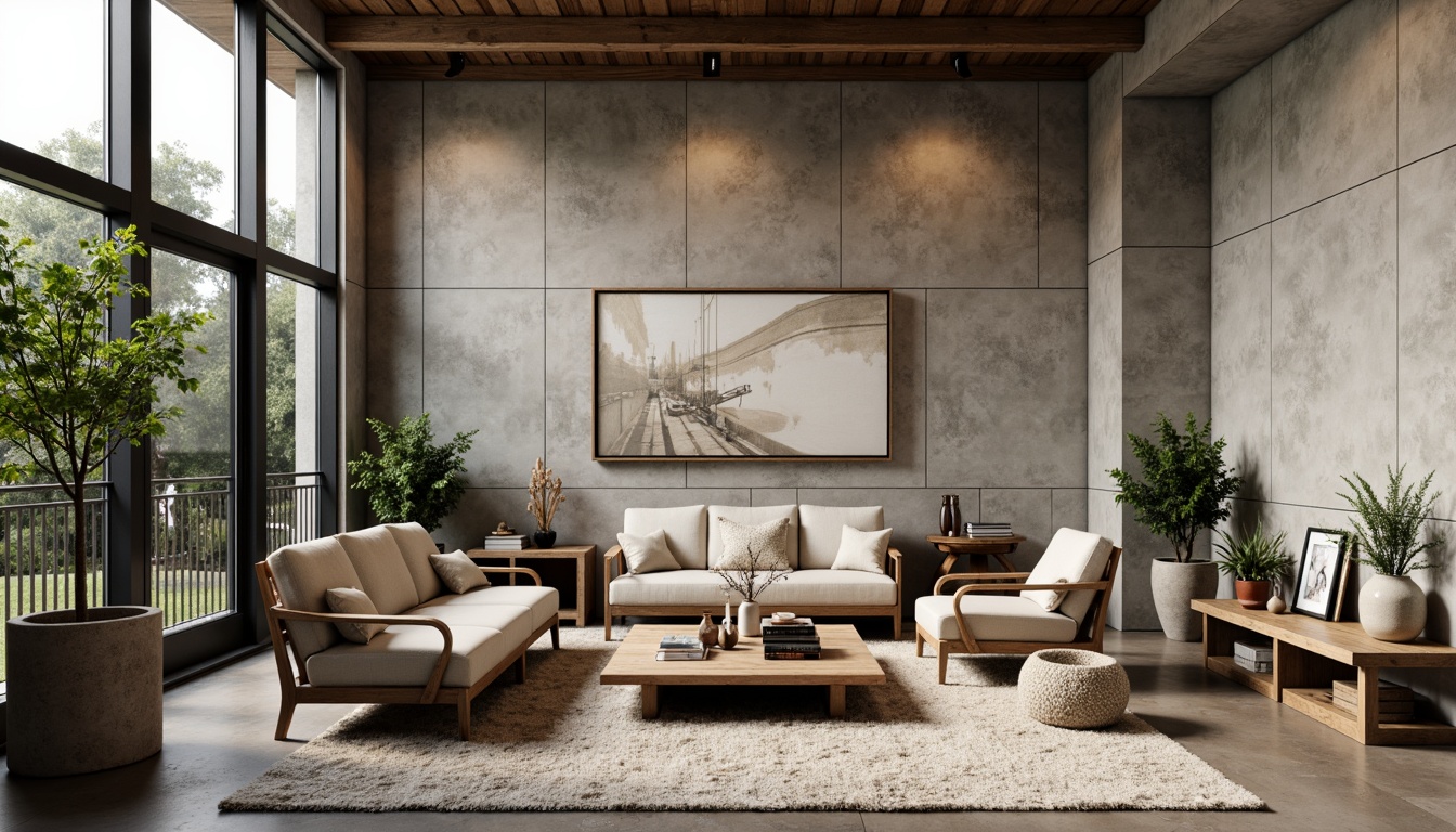 Prompt: Rustic plastered concrete walls, earthy tones, rough textures, natural aggregates, industrial chic, modern minimalist decor, sleek metal accents, reclaimed wood furniture, greenery installations, urban loft atmosphere, soft warm lighting, shallow depth of field, 3/4 composition, realistic renderings, ambient occlusion.