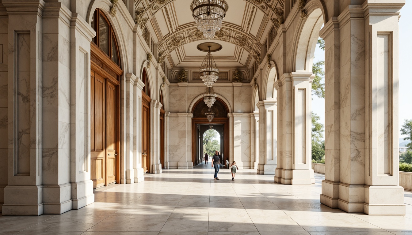 Prompt: Marble columns, ornate carvings, smooth stone facades, grand archways, symmetrical compositions, intricate moldings, ornamental pediments, richly textured stucco, creamy white walls, polished wooden doors, gilded accents, luxurious velvet drapes, crystal chandeliers, soft warm lighting, shallow depth of field, 3/4 composition, panoramic view, realistic textures, ambient occlusion.