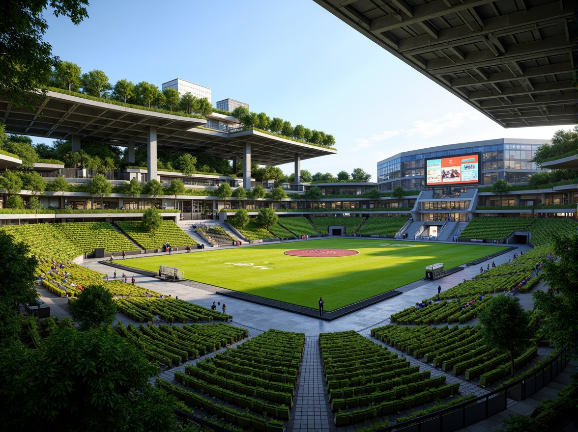 Prompt: Eco-friendly football stadium, lush green roofs, solar panels, wind turbines, rainwater harvesting systems, recycled materials, energy-efficient lighting, natural ventilation, open-air concourses, cantilevered upper tiers, asymmetrical design, angular lines, vibrant green seats, modern scoreboard, LED floodlights, evening atmosphere, soft warm glow, shallow depth of field, 1/2 composition, panoramic view, realistic textures, ambient occlusion.