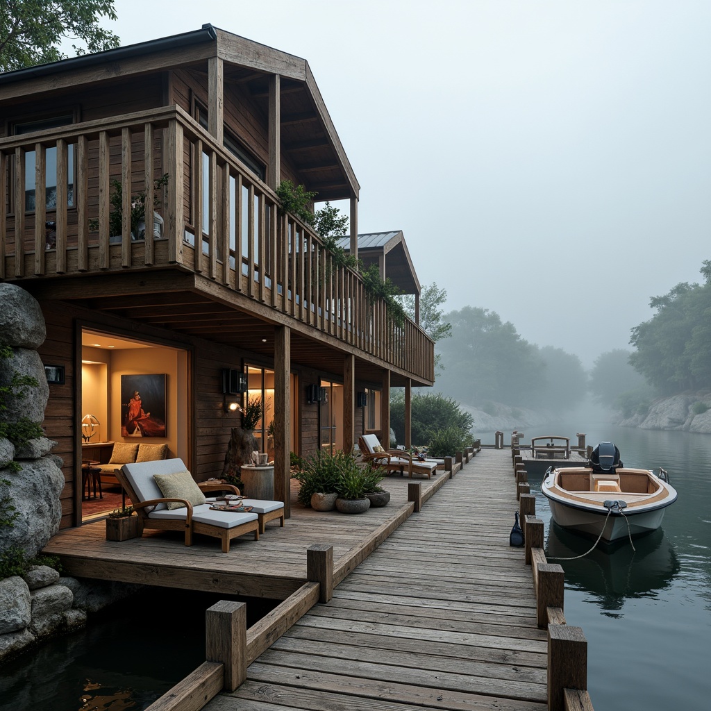 Prompt: Waterfront location, rustic wooden dock, vintage boat lifts, nautical ropes, weathered wooden planks, cozy cabin-style interior, warm lighting, soft textiles, natural stone foundation, curved rooflines, asymmetrical facades, wooden shutters, marine-inspired color palette, misty morning atmosphere, shallow depth of field, 1/2 composition, realistic water reflections, ambient occlusion.