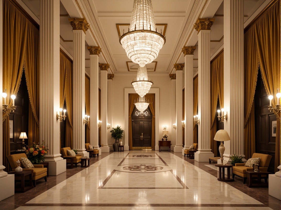 Prompt: Elegant classical building, ornate columns, symmetrical facade, grand entrance, crystal chandelier, warm soft lighting, golden accents, cream-colored walls, polished marble floors, intricate moldings, luxurious fabrics, subtle shading, dramatic high-contrast lighting, cinematic camera angles, shallow depth of field, 2/3 composition, ornate fixtures, candelabras, sconces, ambient occlusion.