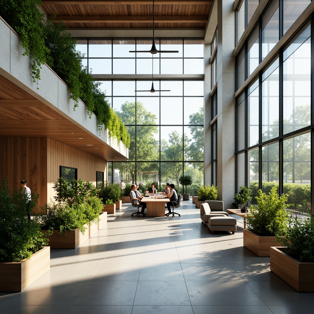 Prompt: Spacious open-plan office, natural ventilation systems, large windows, sliding glass doors, green roofs, living walls, lush vegetation, bright sunlight, warm wood accents, minimalist decor, ergonomic workstations, collaborative spaces, comfortable seating areas, ambient lighting, soft shadows, 3/4 composition, shallow depth of field, realistic textures, subtle color palette.