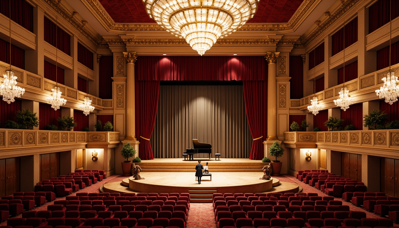 Prompt: Elegant concert hall, ornate chandeliers, rich wood paneling, velvet curtains, gilded accents, intricate moldings, grand piano, plush red seating, luxurious carpets, refined lighting fixtures, sophisticated color palette, opulent VIP areas, majestic stages, dramatic archways, sweeping staircases, lavish balconies, acoustic panels, professional sound systems, warm atmospheric ambiance, soft golden lighting, shallow depth of field, 2/3 composition, symmetrical framing.