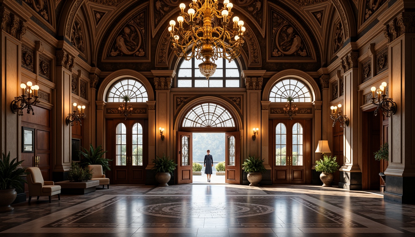 Prompt: Intricate ornate facades, grandiose entranceways, lavish foyers, opulent chandeliers, intricate stonework, carved wooden doors, stained glass windows, polished marble floors, luxurious velvet drapes, warm ambient lighting, shallow depth of field, 1/2 composition, realistic textures, ambient occlusion.