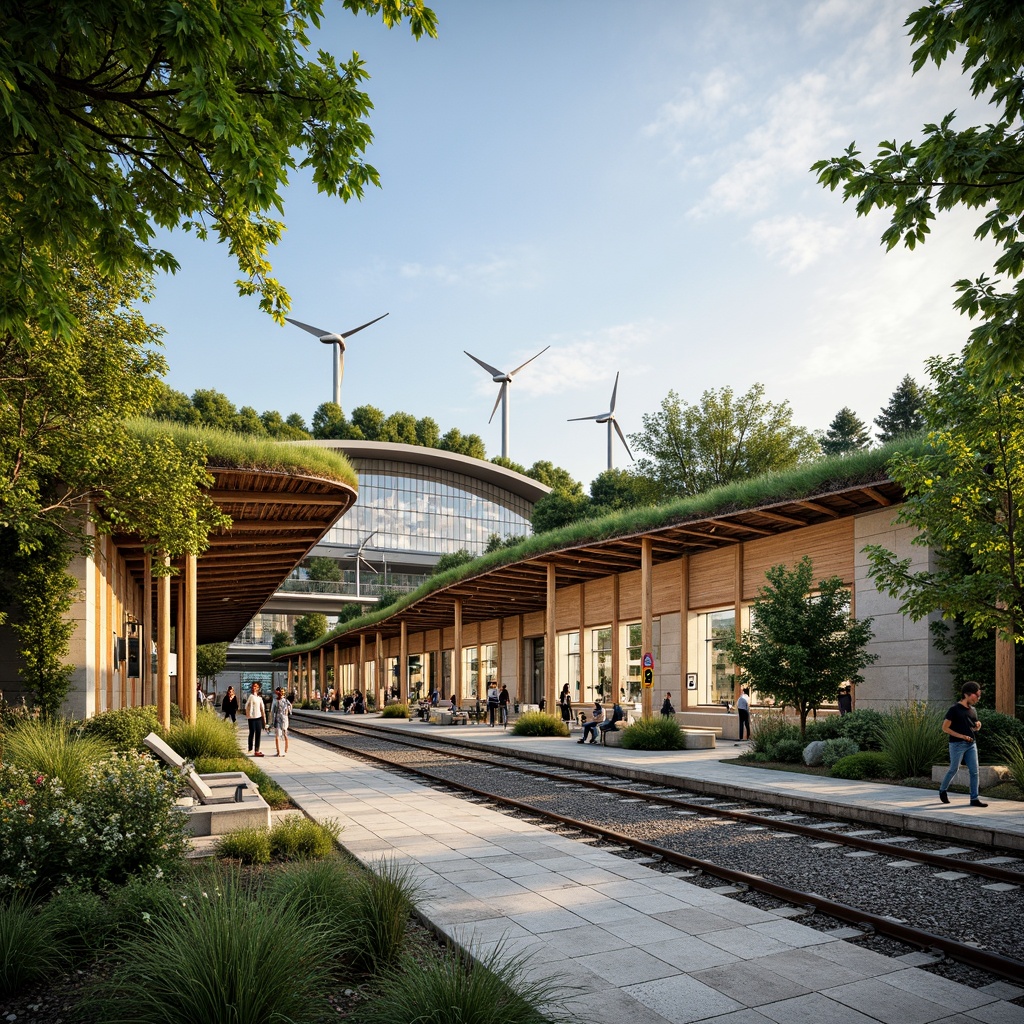 Prompt: Eco-friendly train station, lush green roofs, vertical gardens, solar panels, wind turbines, rainwater harvesting systems, natural stone walls, wooden accents, large skylights, energy-efficient lighting, minimalist modern design, curved lines, open spaces, public art installations, educational signs, eco-labels, recycling facilities, bicycle storage, electric vehicle charging stations, shaded waiting areas, misting systems, warm soft lighting, shallow depth of field, 1/1 composition, realistic textures, ambient occlusion.