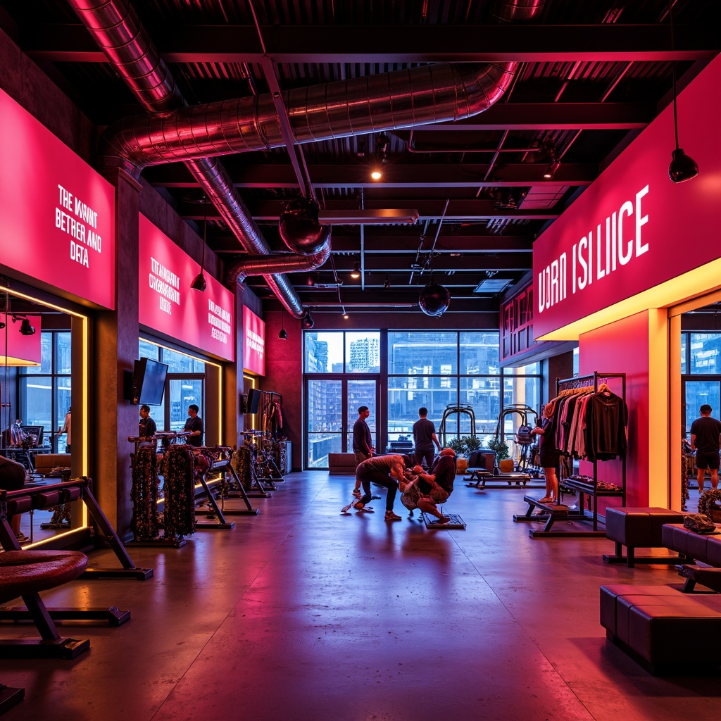 Prompt: Vibrant fitness studio, bold color scheme, energetic atmosphere, neon lights, motivational quotes, industrial metal beams, polished concrete floors, modern equipment, sleek mirrors, dynamic lighting effects, high-contrast visuals, bold typography, sporty accents, intense reds, deep blues, electric yellows, athletic wear displays, floor-to-ceiling windows, natural light influx, urban loft ambiance.