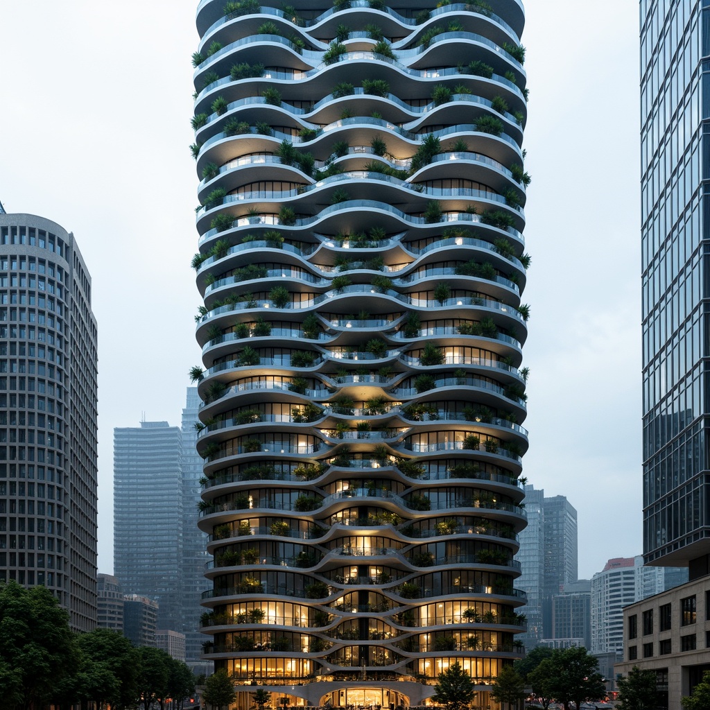 Prompt: Futuristic skyscraper, biomimetic facade, undulating curves, iridescent materials, glowing accents, kinetic patterns, adaptive shading systems, green walls, lush vertical gardens, cantilevered balconies, angular windows, reflective glass surfaces, modern metallic structures, vibrant LED lighting, misty atmospheric effects, shallow depth of field, 1/1 composition, panoramic view, realistic textures, ambient occlusion.