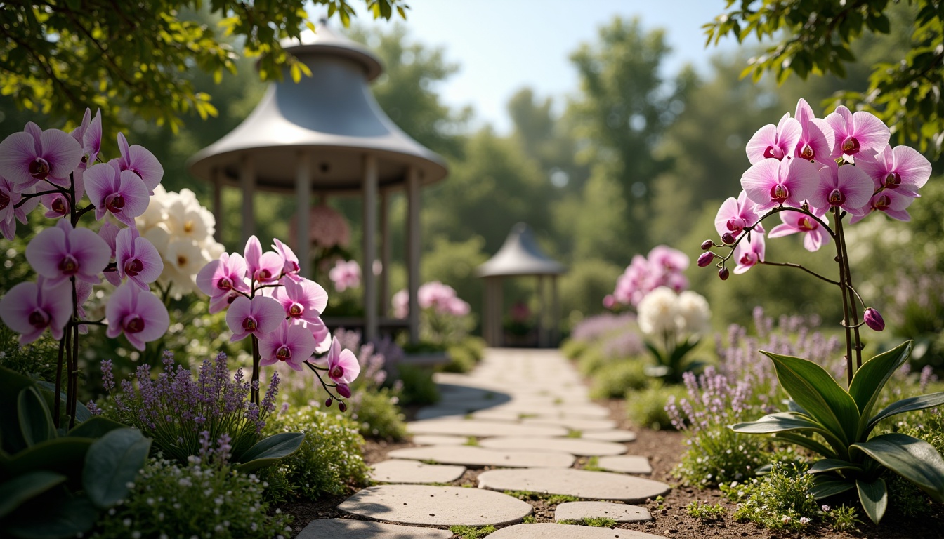 Prompt: Whimsical botanical garden, delicate orchid flowers, pastel pink hues, soft lavender shades, creamy whites, rich emerald greens, velvety leaves, ornate metal gazebos, rustic stone pathways, warm sunny day, gentle breeze, shallow depth of field, 1/1 composition, intimate view, realistic textures, ambient occlusion.