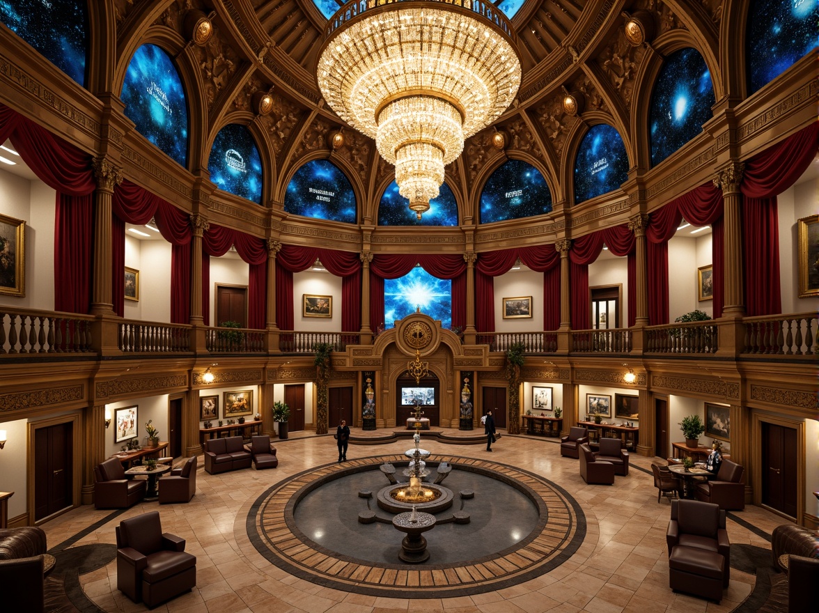 Prompt: Luxurious planetarium interior, ornate Baroque architecture, grandiose chandeliers, intricate moldings, rich velvet drapes, golden accents, celestial-themed murals, starry night sky projections, antique telescopes, leather-bound astronomy books, polished marble floors, ornamental fountains, lavish furnishings, regal atmosphere, warm soft lighting, dramatic spotlights, 1/1 composition, realistic textures, ambient occlusion.