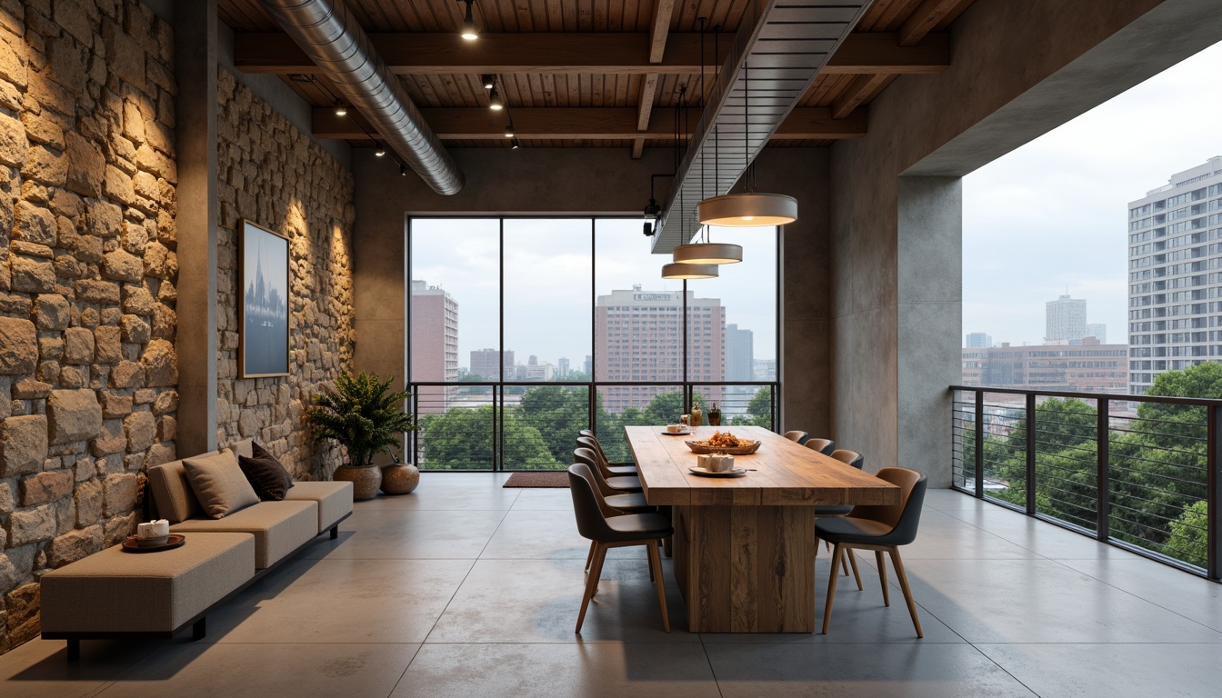 Prompt: Rustic concrete walls, rough-hewn stone textures, earthy tones, natural aggregate patterns, industrial-style lighting fixtures, minimalist decor, modern urban loft setting, high ceiling, open floor plan, polished concrete floors, sleek metal accents, exposed ductwork, urban landscape views, overcast skies, soft diffused light, 1/2 composition, atmospheric perspective.