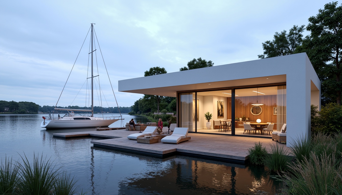 Prompt: Waterfront location, serene lake views, wooden dock, sailing boats, luxurious boathouse, international style facade, modern minimalist design, floor-to-ceiling windows, sliding glass doors, white stucco exterior, flat roof, horizontal lines, nautical-themed decor, rustic wood accents, warm ambient lighting, soft natural textures, shallow depth of field, 1/1 composition, realistic reflections, atmospheric perspective.