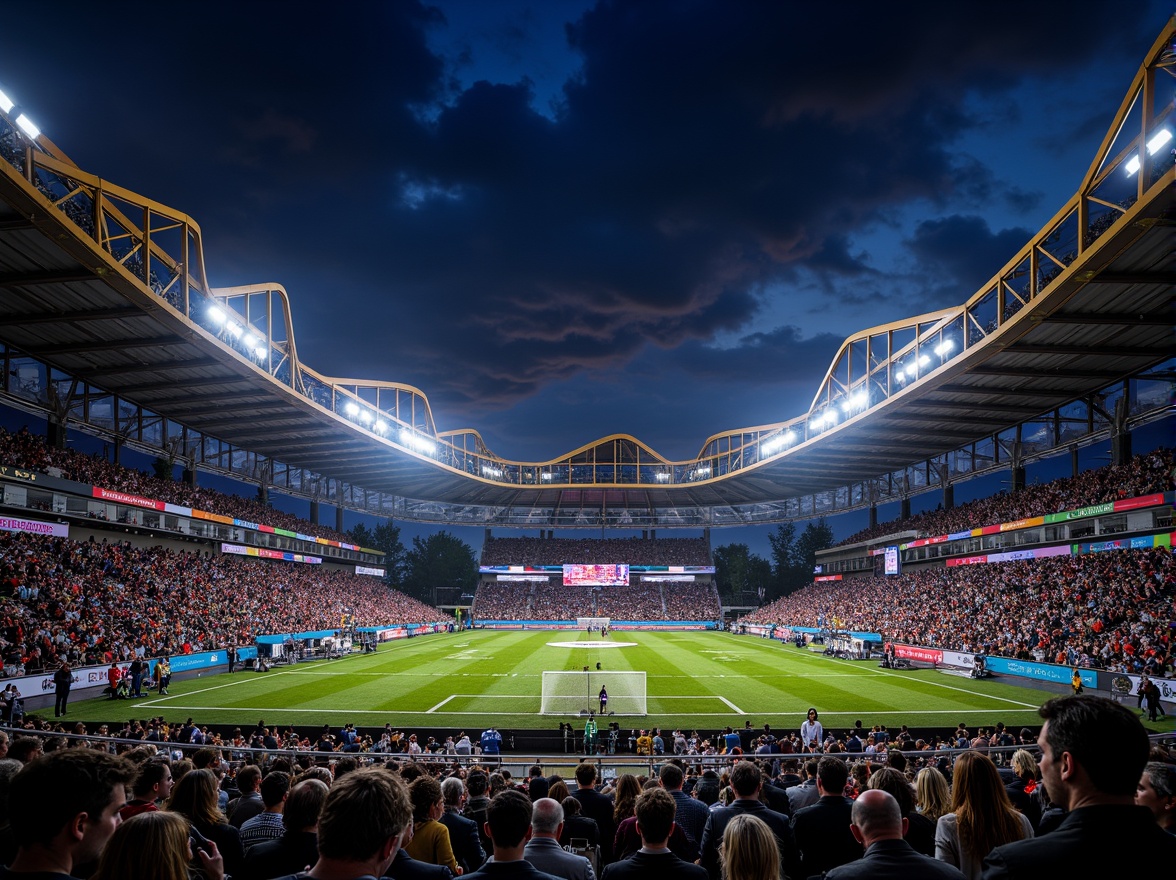 Prompt: Rugged football stadium, cantilevered roofs, angular steel beams, vibrant team colors, dynamic LED lighting, urban cityscape backdrop, crowded seating areas, modern structuralist architecture, asymmetrical fa\u00e7ades, geometric patterns, metallic materials, industrial textures, dramatic nighttime illumination, low-angle shots, 1/2 composition, high-contrast highlights, realistic atmospheric effects.