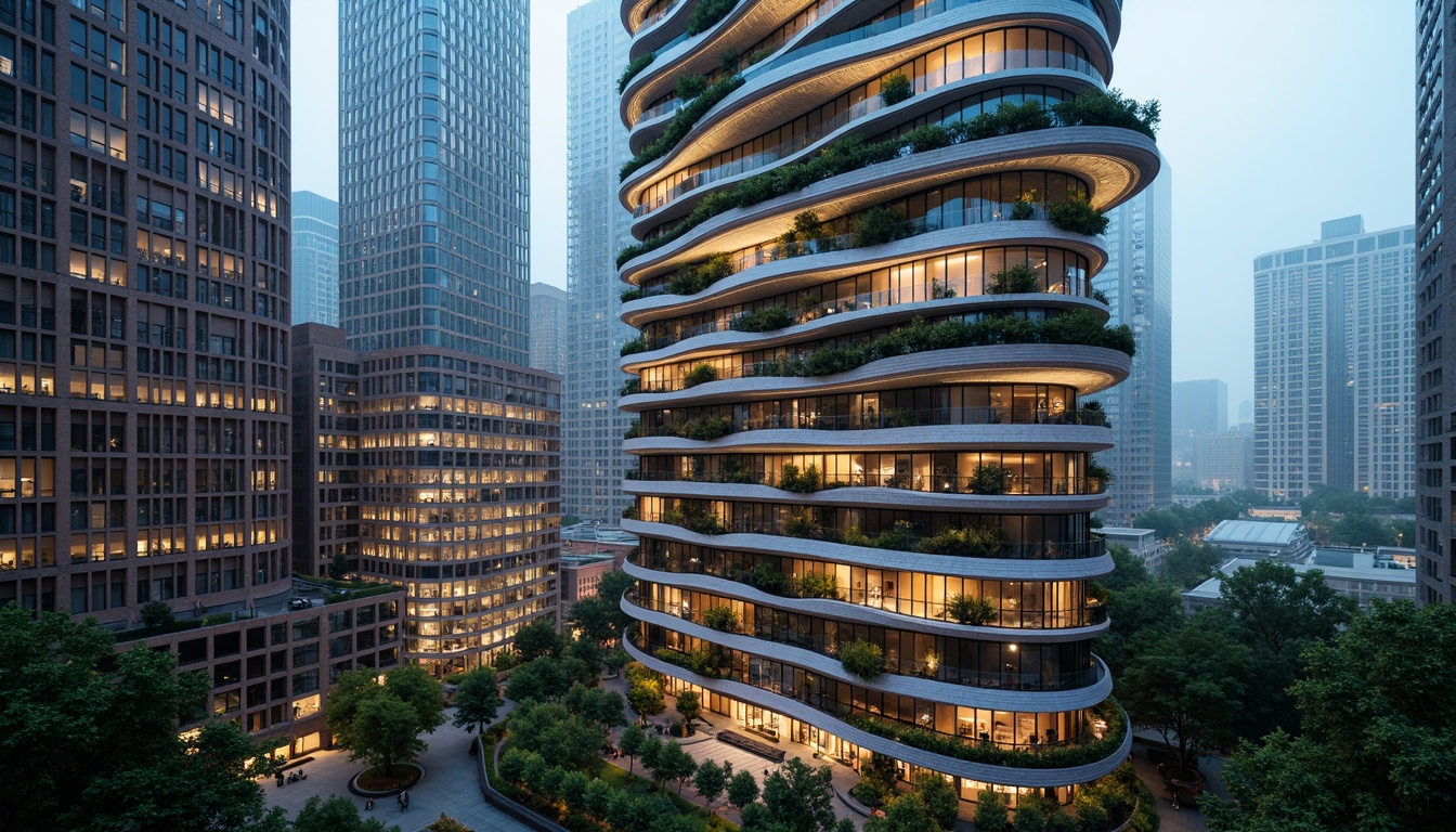 Prompt: Vibrant skyscraper facade, organic curves, futuristic metabolism style, iridescent glass panels, LED light installations, dynamic patterns, 3D sculpted walls, cantilevered balconies, lush green roofs, vertical gardens, urban jungle feel, misty morning atmosphere, dramatic lighting effects, cinematic composition, high-angle view, deep depth of field, abstract reflections.