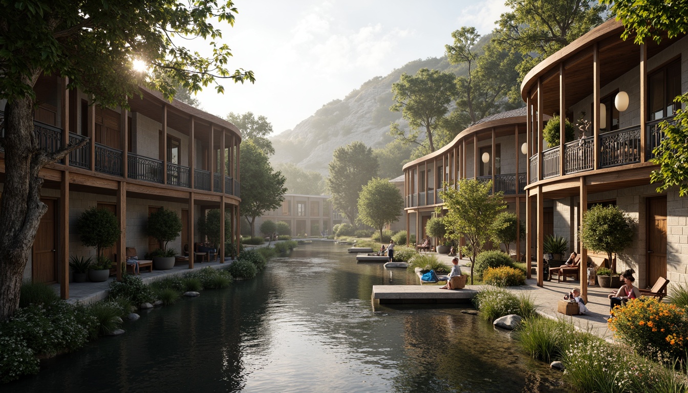 Prompt: Rustic riverbank buildings, wooden dock structures, weathered stone walls, curved balconies, ornate metal railings, lush greenery overhangs, vibrant floral arrangements, natural stone pathways, meandering riverside walkways, soft morning lighting, warm sunbeams, misty atmospheric effects, 1/1 composition, realistic water reflections, ambient occlusion.