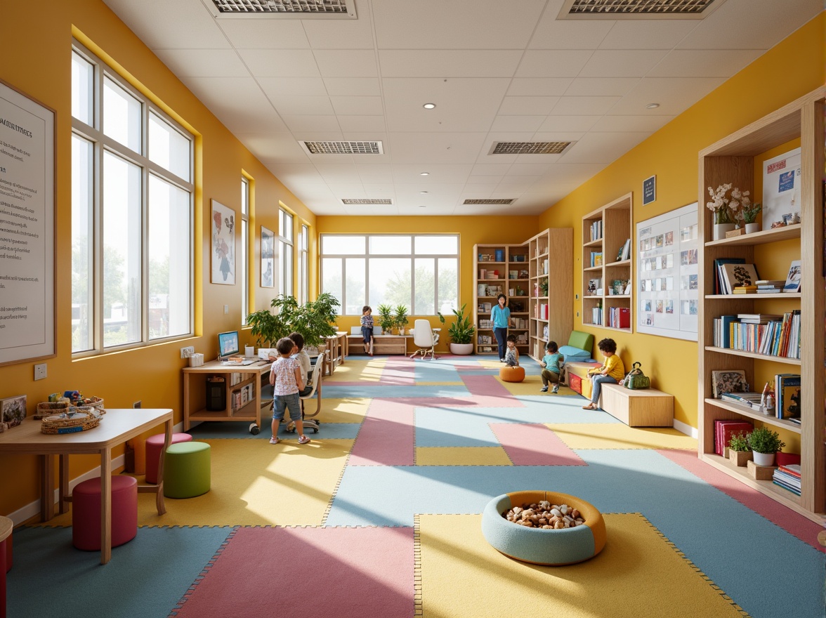 Prompt: Vibrant kindergarten, playful learning zones, interactive whiteboards, colorful modular furniture, soft padded floors, educational toys, building blocks, sensory play areas, imaginative playsets, collaborative workstations, circular reading nooks, cozy corner libraries, natural light pouring in, warm wood accents, modern minimalist design, acoustic soundproofing, flexible seating arrangements, stimulating wall graphics, engaging digital displays, gentle ambient lighting, shallow depth of field, 3/4 composition, panoramic view, realistic textures, ambient occlusion.