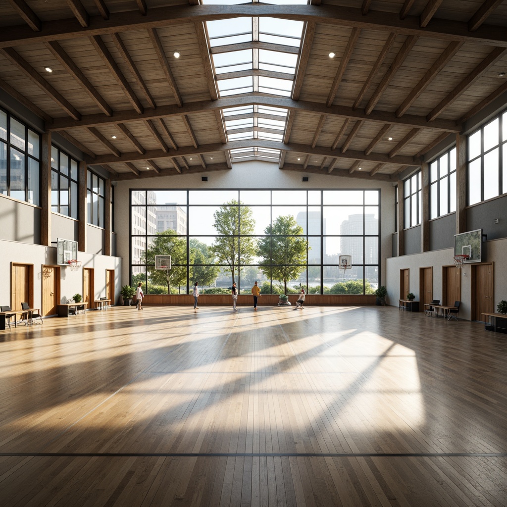 Prompt: Well-lit gymnasium, large windows, natural light pouring in, high ceilings, wooden flooring, basketball courts, sports equipment, athletic tracks, modern architecture, sleek lines, minimalist design, clerestory windows, skylights, LED lighting systems, ambient occlusion, shallow depth of field, 3/4 composition, panoramic view, realistic textures.