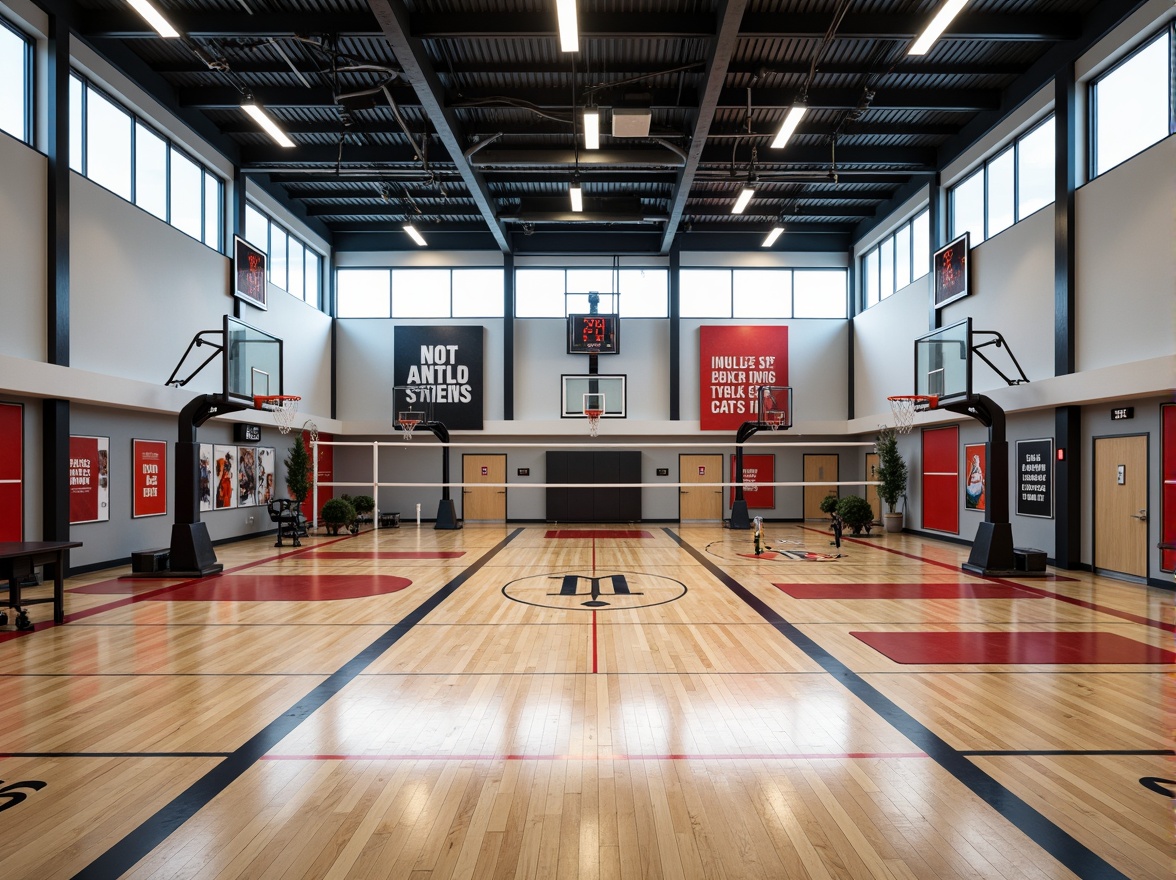 Prompt: Modern gymnasium interior, polished wooden floors, professional-grade sports equipment, basketball hoops, volleyball nets, athletic tracks, mirrored walls, high ceilings, natural light influx, LED lighting systems, sound-absorbing acoustic panels, motivational quotes, bold color schemes, sleek metal beams, minimalist design, ergonomic seating areas, hydration stations, premium rubber flooring, shock-absorbing underlayment, reinforced glass partitions, climate-controlled environments, advanced ventilation systems, panoramic windows, realistic textures, ambient occlusion.