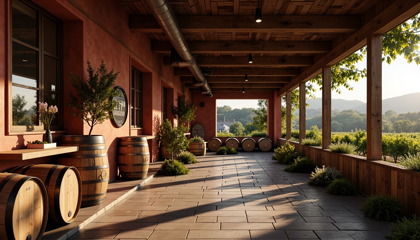 Prompt: Rustic winery building, earthy tone walls, wooden accents, vintage wine barrels, dimmed warm lighting, rich burgundy reds, deep crimson hues, natural stone floors, exposed brick ceilings, ornate metalwork, lush vineyard surroundings, rolling hills, sunny afternoon, soft golden light, shallow depth of field, 2/3 composition, realistic textures, ambient occlusion.