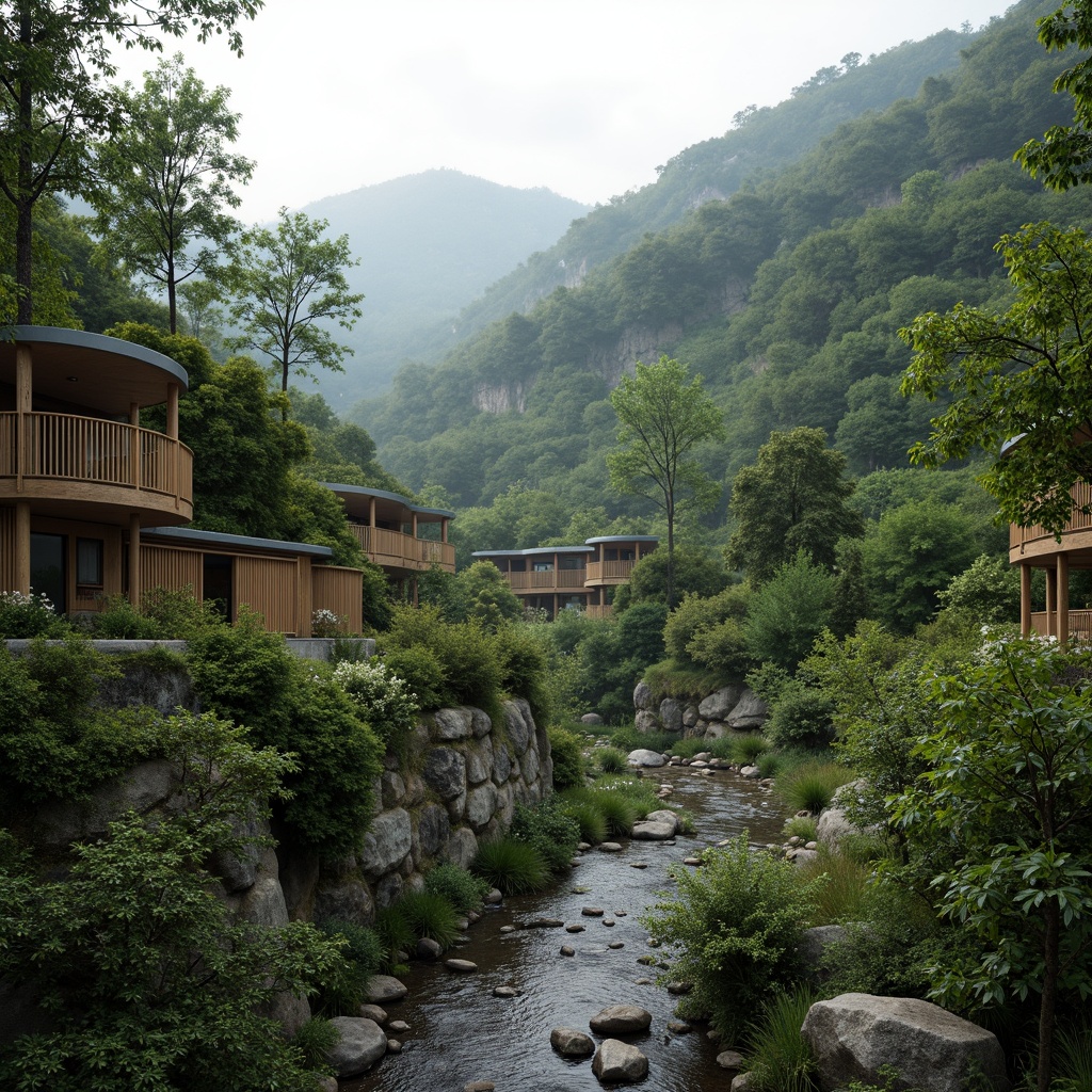 Prompt: Sweeping hillsides, lush green forests, meandering streams, rustic stone walls, wooden bridges, modern steel structures, curved lines, organic forms, blending architecture, natural materials, earthy tones, vibrant flora, misty mornings, soft diffused lighting, shallow depth of field, 2/3 composition, atmospheric perspective, realistic textures, ambient occlusion.