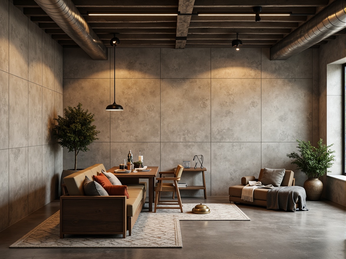 Prompt: Rustic plastered concrete walls, earthy tone color palette, textured surface finish, industrial-chic aesthetic, urban loft interior design, exposed ductwork, metal accents, reclaimed wood furniture, modern minimalist decor, warm ambient lighting, 1/2 composition, shallow depth of field, natural textures, soft focus effect.