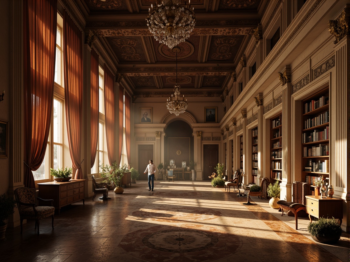 Prompt: Grandiose columns, ornate moldings, luxurious fabrics, rich wood tones, intricate carvings, antique furniture pieces, vintage bookshelves, polished marble floors, crystal chandeliers, warm golden lighting, soft misty atmosphere, subtle gradient effects, 1/2 composition, symmetrical layout, realistic textures, ambient occlusion.