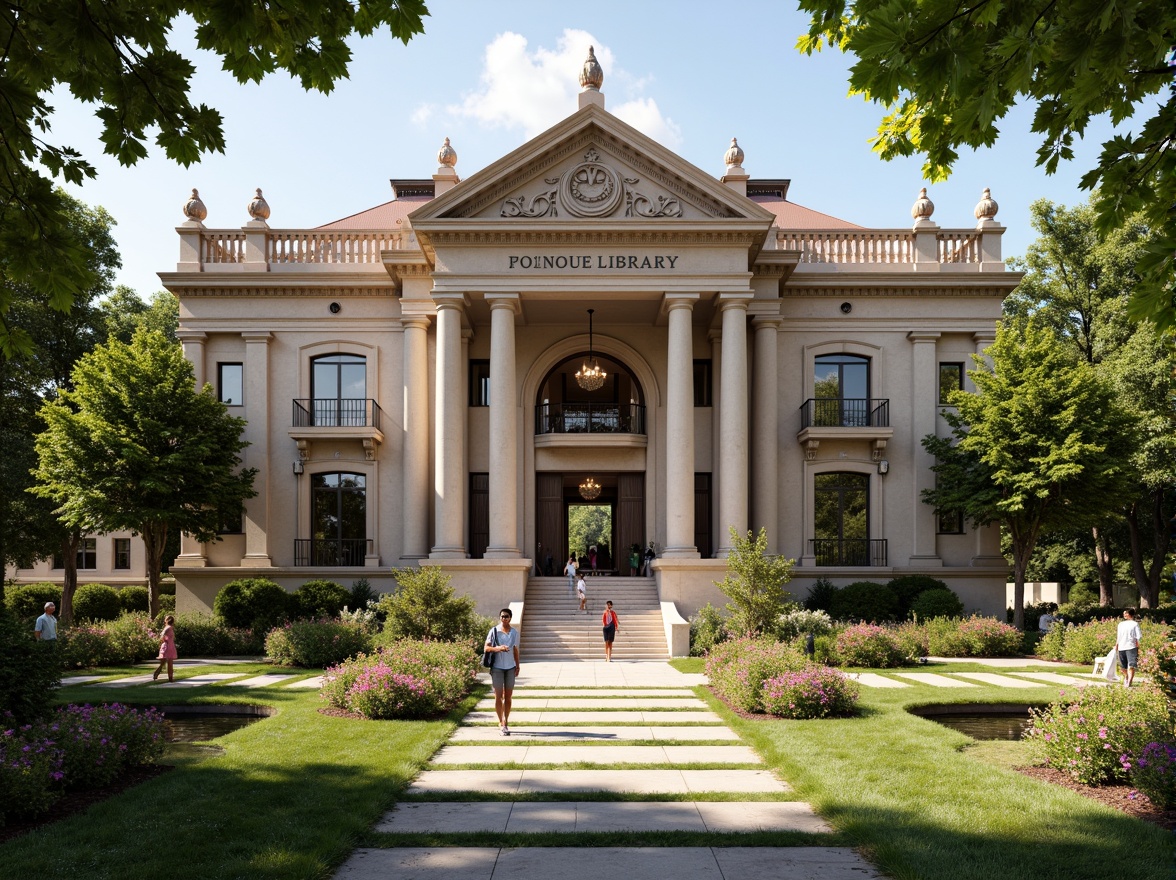 Prompt: Grandiose library entrance, imposing stone columns, ornate carvings, lush greenery, vibrant flowers, manicured lawns, walking paths, serene water features, classical statues, symmetrical landscaping, majestic trees, sunny day, soft warm lighting, shallow depth of field, 3/4 composition, panoramic view, realistic textures, ambient occlusion, neoclassical architecture, grand staircases, high ceilings, ornate chandeliers, marble floors, intricately designed bookshelves.