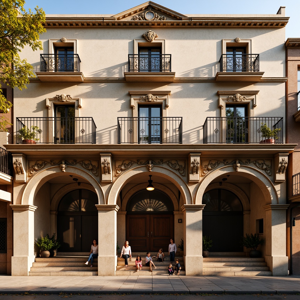 Prompt: Renaissance-inspired hostel facade, ornate stone carvings, intricately designed arches, grand entrance doors, rusticated walls, decorative balconies, elegant cornices, ornamental windows, classical columns, warm golden lighting, soft afternoon sun, shallow depth of field, 1/2 composition, symmetrical layout, realistic textures, ambient occlusion.