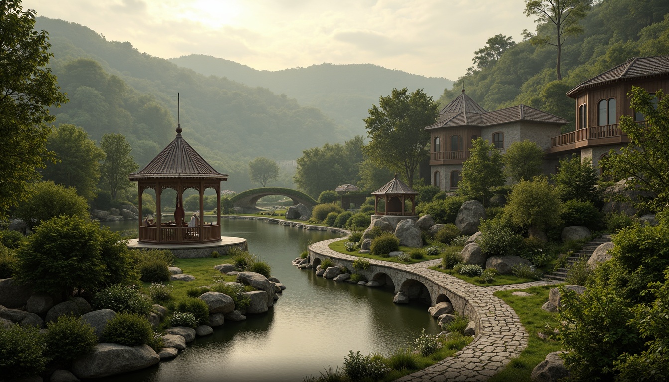 Prompt: Rolling hills, serene lakeside, lush greenery, winding stone pathways, ornate gazebos, intricately carved wooden bridges, rustic stone cottages, whimsical water features, natural rock formations, moss-covered ruins, overgrown ivy walls, soft warm lighting, misty atmospheric effects, 1/1 composition, shallow depth of field, panoramic view, realistic textures, ambient occlusion, Victorian-inspired architecture, curved lines, ornate details, grand entranceways, dramatic archways, romantic ambiance.